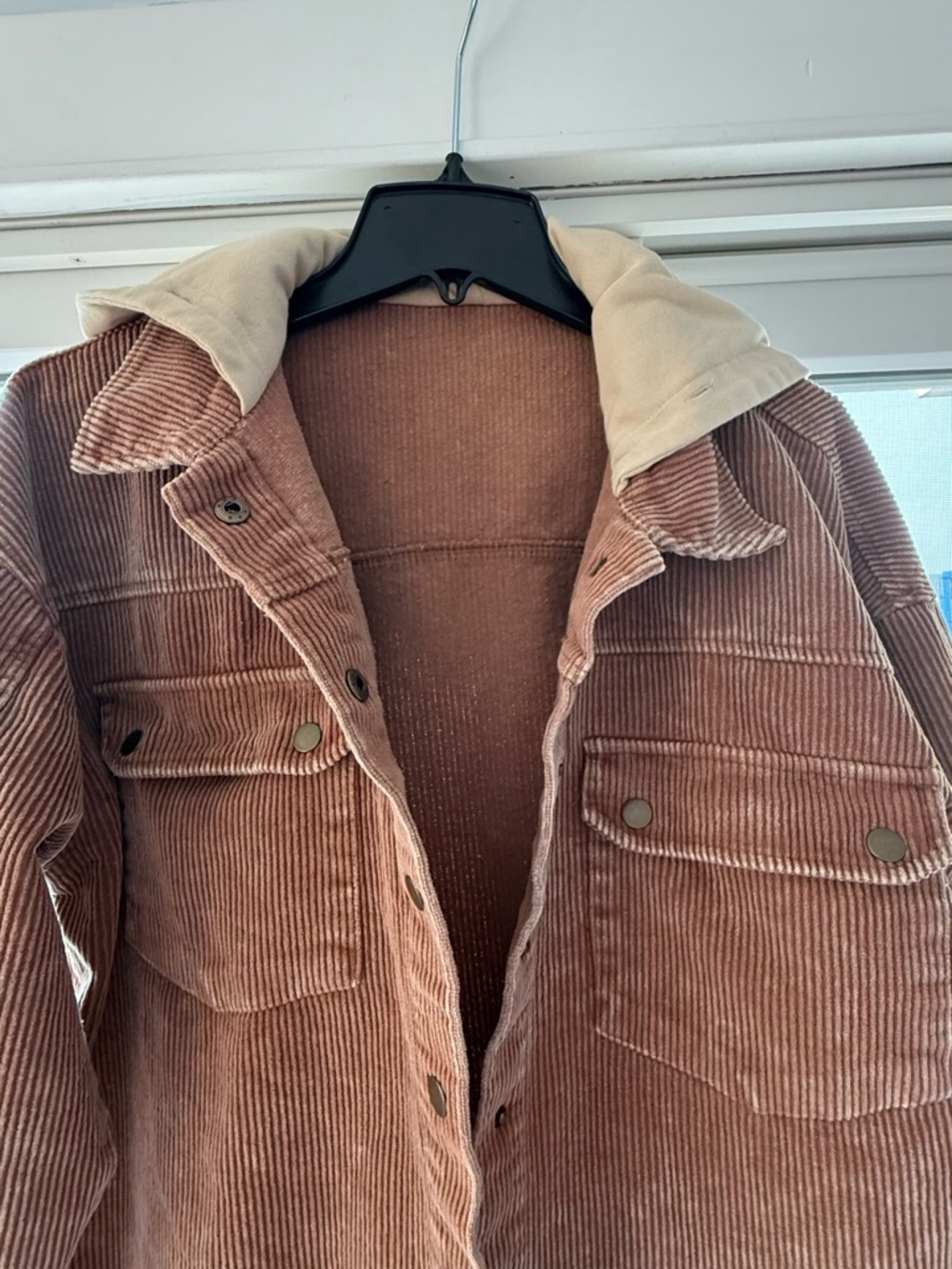 Corduroy Shacket with Cream Contrast Collar - Dusty Rose